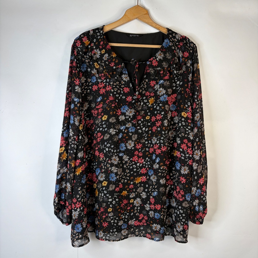 BloomChic Floral Blouse Women Size 26 Black Multi Ruffle Tie Neck Long Sleeve